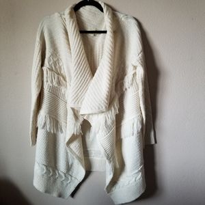 Cozy Cream Blanket Cable Knit Fringe Cardigan Sweater Size S/M